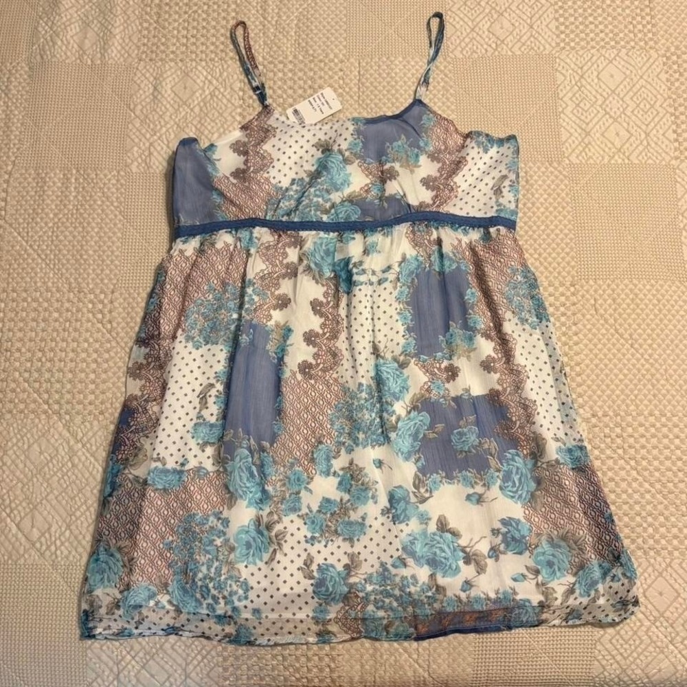 Suzanne Betro blue floral babydoll dress with polka dots and paisley details